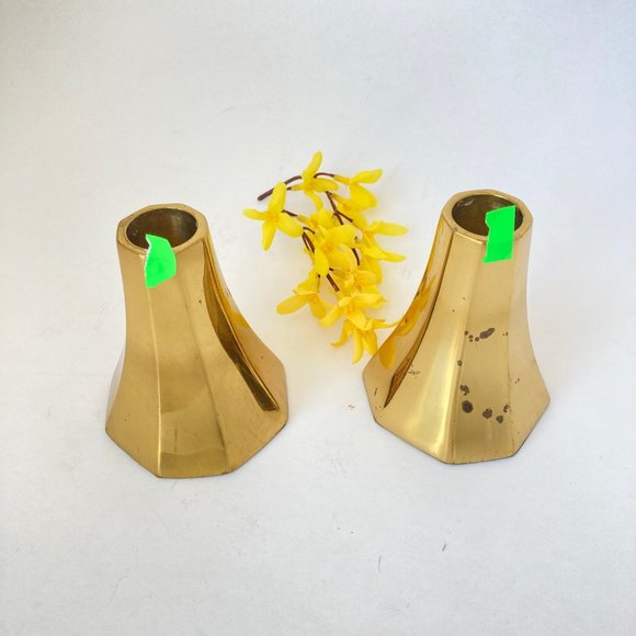 MCM Taper Candlestick Holders of Heavy Polished Brass Minimalistic Danish Design - Picture 10 of 16